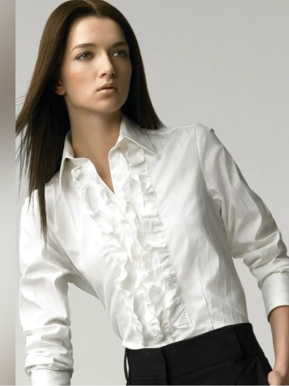 Burberry London Off White/Cream Fitted Ruffle Button Down Blouse Size 10